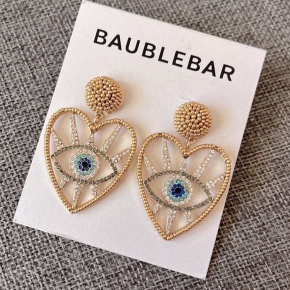 Brand New BaubleBar Evil Eye Heart Gold Tone Beaded Sparkly Drop Earrings - Picture 2 of 11